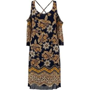 Enfocus Petite Cold Shoulder Floral Paisley Shift Dress Navy Blue Boho Women 12P